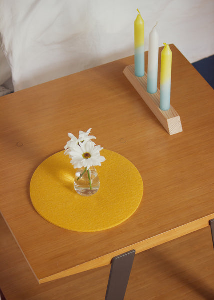 Yellow, Cream & Aqua Dip Dye Candles + Triple Wooden Holder Sitting on Table