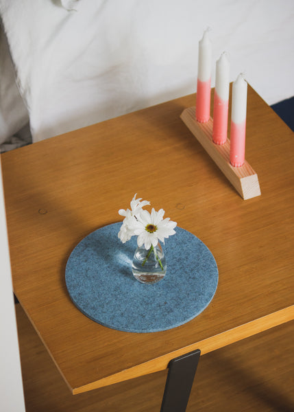 Pink & White Dip Dye Candles + Triple Wooden Holder Sitting on Table