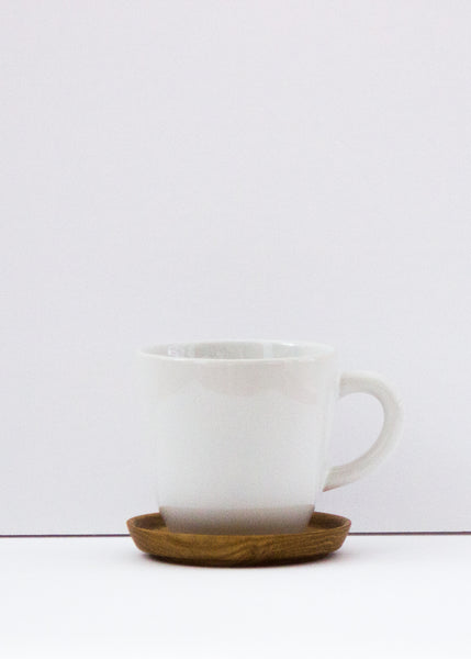White Mug with Wooden Saucer