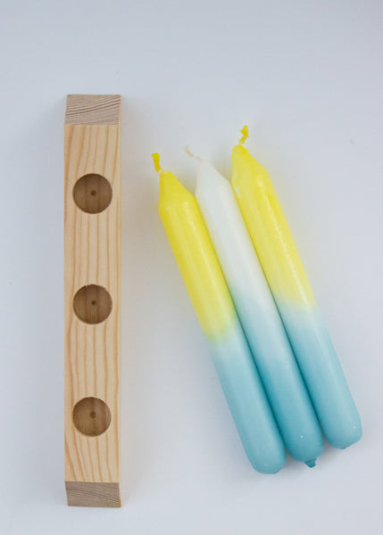 Aerial View of Yellow, Cream & Aqua Dip Dye Candles + Triple Wooden Holder