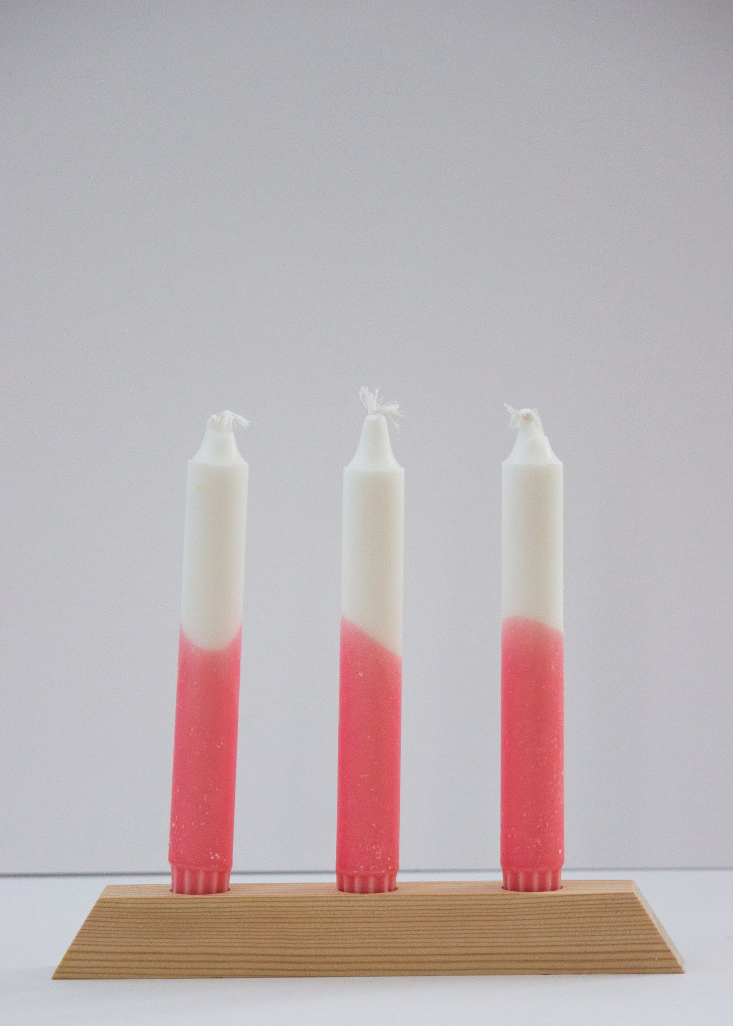 Pink & White Dip Dye Candles + Triple Wooden Holder