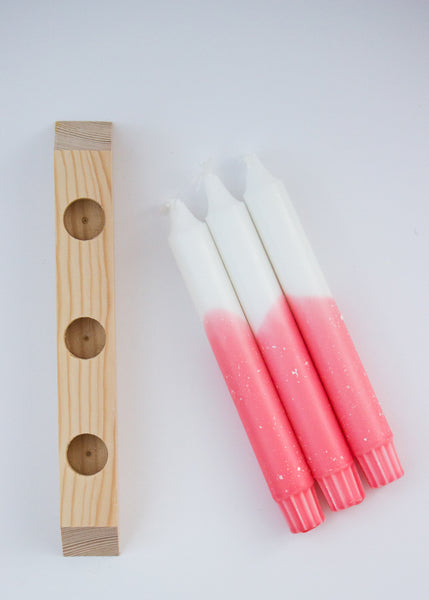 Aerial View of Pink & White Dip Dye Candles + Triple Wooden Holder